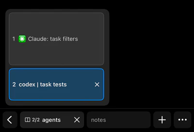 Muxly’s iPhone tabs with the pane picker open, showing Claude task filters and Codex task tests