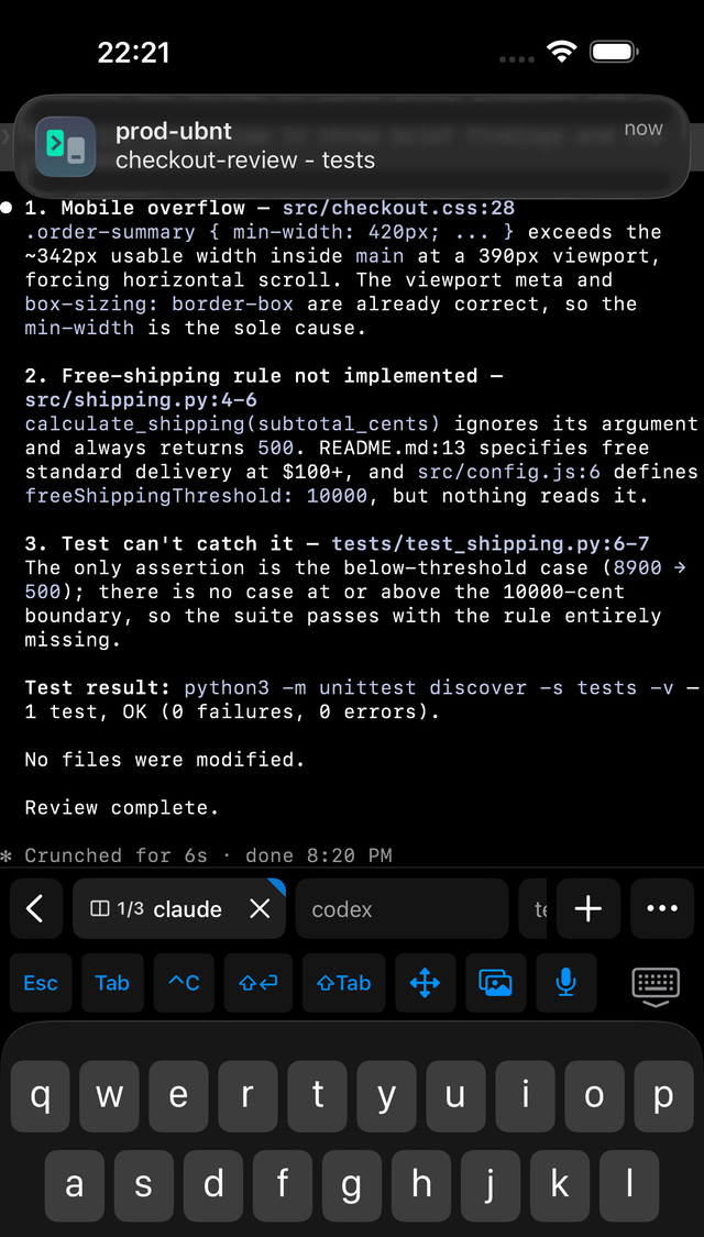 Muxly on iPhone: a bell notification from prod-ubnt for the checkout-review window arrives over a Claude Code review that just finished, with the native tab strip and keyboard toolbar below.