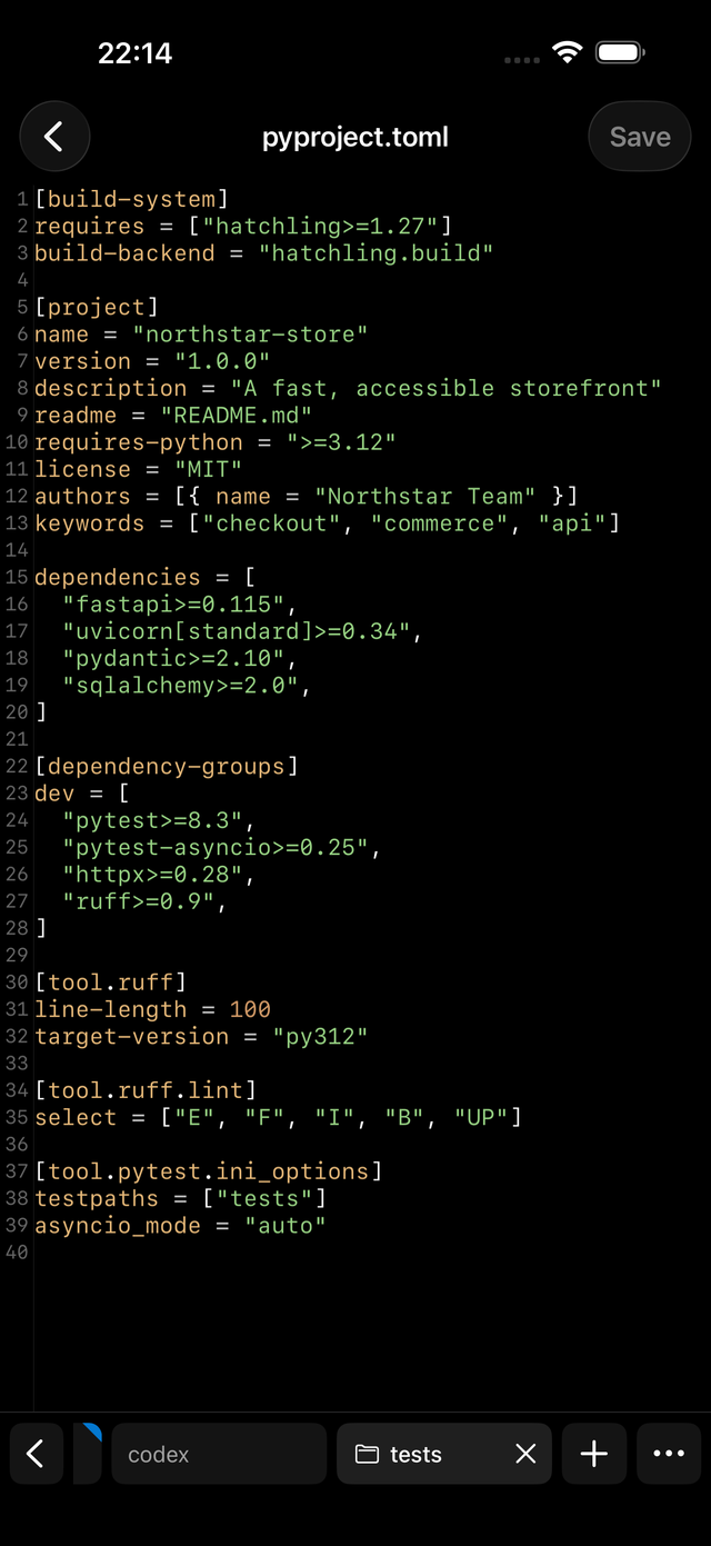 Muxly's editor on iPhone showing pyproject.toml with syntax highlighting, line numbers, and a Save button.